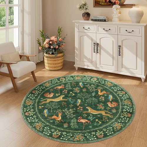 DUKINO 4ft Round Rug, Washable Animal Small Round Area Rug Non Slip, Green - Image 5