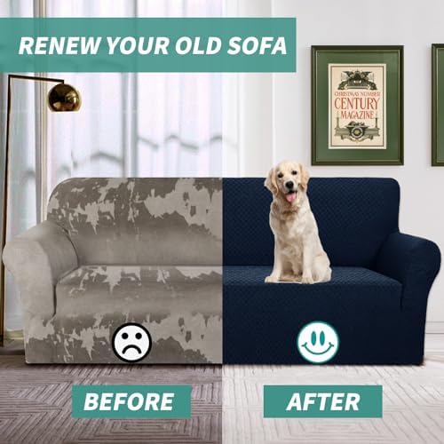 YEMYHOM Couch Cover Latest Jacquard Design High Stretch Sofa Covers for 2 Cushion Couch, Pet Dog Cat Proof Loveseat Slipcover Non Slip Magic Elastic Furniture Protector (Loveseat, Navy) - Image 4