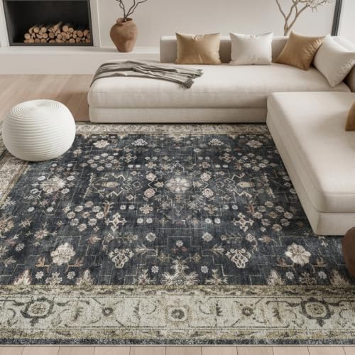 Washable 8x10 Area Rug, Distressed Persian-Style Geometric Floral Rug by Unknown
