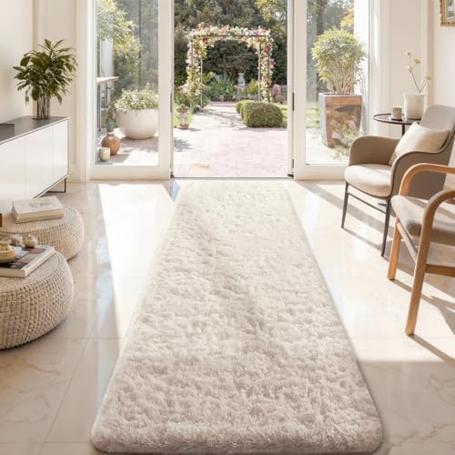 Ophanie 2x8 Runner Rug for Hallway, Upgrade Non-Slip Fluffy Soft Bedside Rugs, Bedroom Living Room Ivory Shaggy Carpet for Kids Dorm Home Decor with Over 99 pcs Pile fibers - Image 5