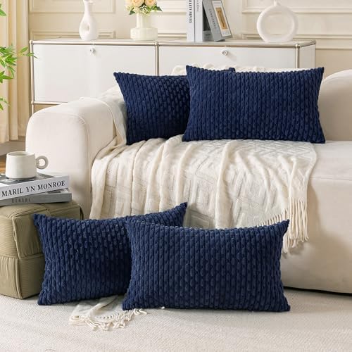 Set of 4 Navy Blue Decorative Throw Pillow Covers 12x20 Inch Corduroy Pillow Covers for Bed Couch Sofa Living Room Soft Cushion Cases by Cozoomy