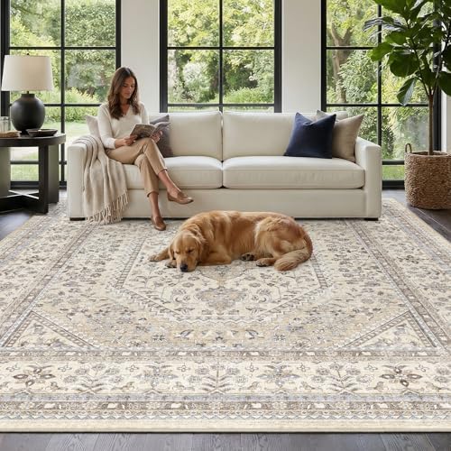 Puino 10x10 Square Washable Area Rug - Non-Slip Living Room Rugs Beige Gray by Puino