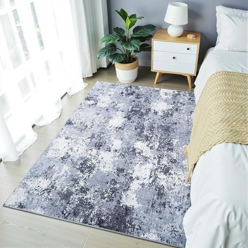 Modern Abstract 3x5 Washable Rug, Non Slip Area Rug, Soft Low Pile Ultra Thin Entryway Rugs, Stain Resistant Distressed Doormat for Indoor Entry, Living Room, Bedroom, Bedroom, Blue White - Image 2