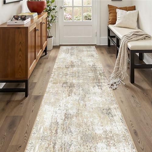 RELEANY Washable Runner 2'x10' Abstract Area Rug for Hallway Neutral Brown by RELEANY