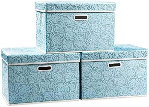 PRANDOM Larger Collapsible Storage Cubes with Lids Fabric Decorative Storage Bins Boxes Organizer Containers Baskets with Cover Handles for Bedroom Closet Living Room Blue 17.7x11.8x11.8 Inch 3 Pack by Prandom