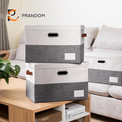 PRANDOM Foldable Storage Bins with Lids [3-Pack] Fabric Collapsible Storage Boxes Baskets Cubes Containers with Handles for Closet Living Room Bedroom (Grey & White 17.7x11.8x11.8'') - Image 2