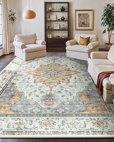 RELEANY Washable Area Rug, Large 10'x14', Beige/Carbon Grey/Orange - Image 4