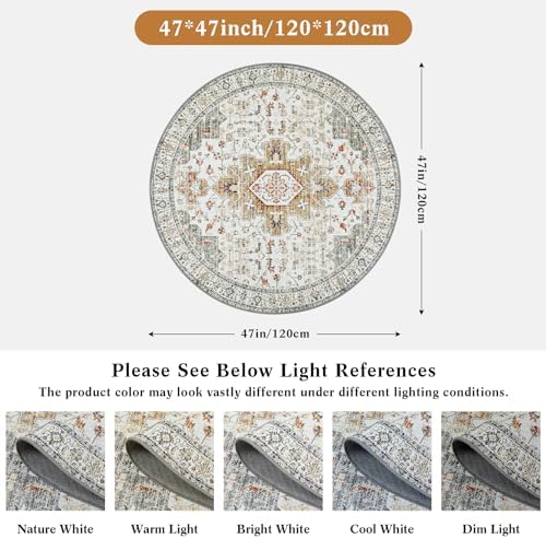 Moynesa Washable Round Rug 4ft, Vintage Medallion Area Rug Distressed Neutral Circle Rug, Soft Non Slip Low Pile Carpet for Living Room Bedroom Dining Room Nursery, Beige/Gold - Image 2