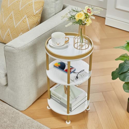 Small Round End Table with Charging Station, 3-Tier Accent Couch Beside Table with USB Ports & Power Outlets, Sofa Side Table for Living Room Small Nightstand Bedroom (USB Charger, White+Gold) - Image 2
