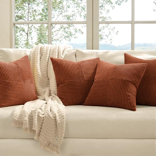 MIULEE Fall Boho Farmhouse Rust Decorative Throw Pillow Covers 20x20 Inch 4 Packs Soft Vintage Pillow Cases Modern Corduroy Patchwork Cushion Covers for Couch Sofa Bed Home Decor, Terracotta - Image 2
