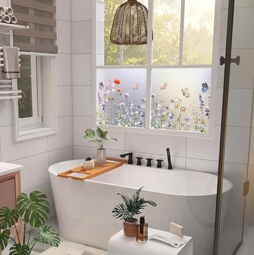 Static Cling Window Privacy Film, 78" x 17" Frosted Glass Covering with Wildflower & Botanical Patterns, Removable No Glue Window Film for Home Bathroom Bedroom Office (Butterfly Floral) - Image 4