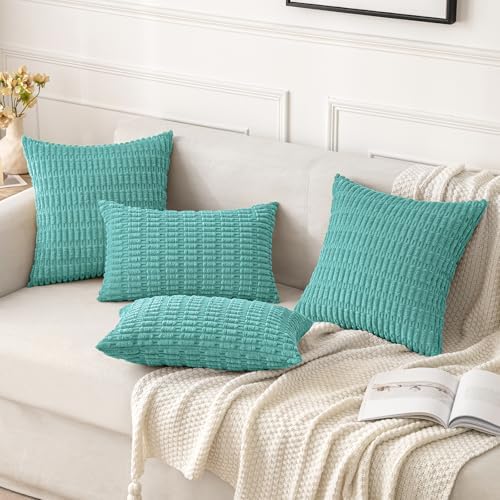 MIULEE Lumbar Corduroy Decorative Throw Pillow Covers 12x20 Aqua Green - Image 2