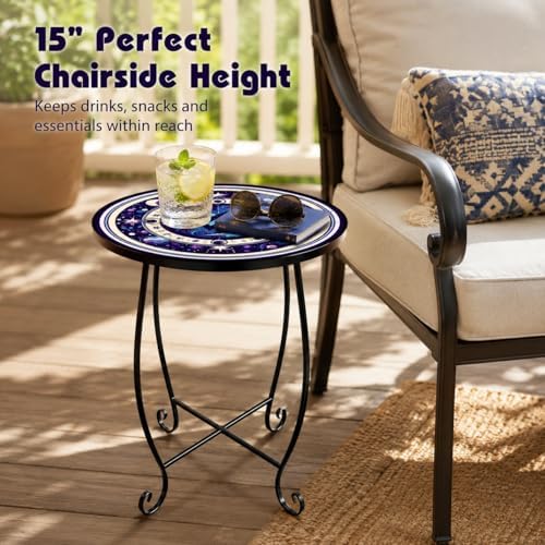 Small Mosaic Outdoor Side Table, 15-Inch Round Metal Patio Table - Image 7