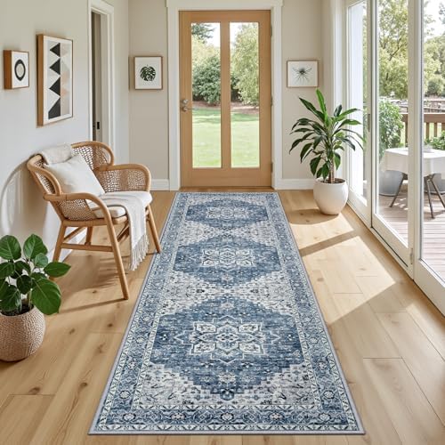Hallway Runner Rug: 2.6x8 Kitchen Boho Rugs for Living Room Blue - Image 5