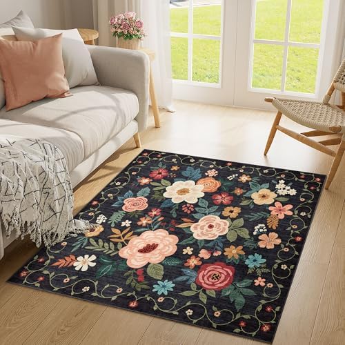 DUKINO 4x4 Square Area Rug, Soft Floral Washable Rug for Entryway, Black - Image 4