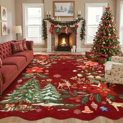Lahome Floral Christmas Rugs for Living Room, Washable Christmas Rug 8x10 Under Bed Soft Xmas Tree Red Rug, Stain Resistance Large Carpets for Dining Room Office Home Decor, Red by Lahome