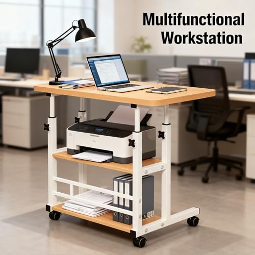 VebaCidi Medical Overbed Bedside Table with Two Shelves and Wheels (Hospital and Home Use), 31 1/2" Desk with Non Tilt Wooden Top, Adjustable Height (Walnut) - Image 5