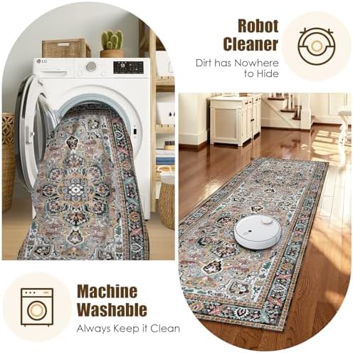 Washable Area Rug 2'6'' x 8' Vintage Traditional Persian Mat - Foldable Distressed Non-Slip Machine Washable Carpet for Living Room Bedroom Kitchen Home Decor - Slate and Multicolor - Image 7
