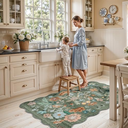 Washable 3x5 Entryway Area Rugs: Ultra Soft Low Pile Carpet for Kitchen Nursery Indoor Light-Weight Doormat Rug with Non-Slip Backing for Living Room Bedroom Small Boho Floor Mat(3x5, Floral/Green) - Image 6