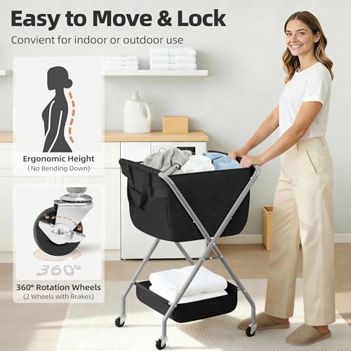 STORAGE MANIAC Collapsible Laundry Cart with Wheels 35.6"H Removable Canvas Bag Rolling Laundry Hamper Clothes Basket with Wheels, Sturdy Steel Frame Folding for Small Narrow Space Easy Storage, Black - Image 5