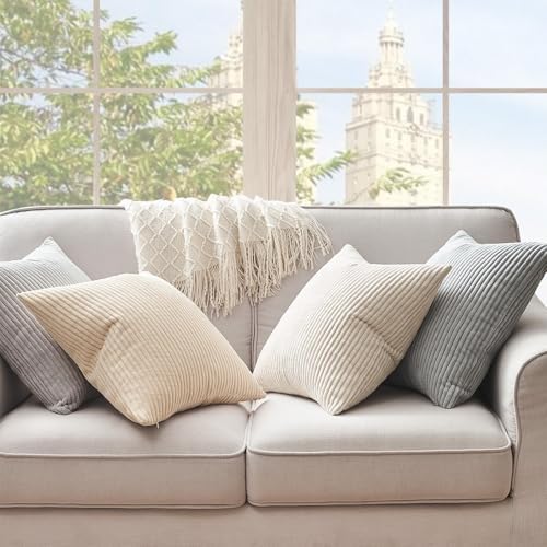 Topfinel 4 Packs Neutral Decorative Throw Pillows Covers 18x18 Inch for Living Room Couch Bed Sofa, Rustic Farmhouse Boho Home Decor, Soft Plush Striped Corduroy Square Cushion Case 45x45 cm - Image 6