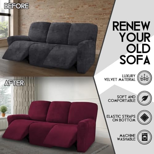ULTICOR Velvet 8-Pieces Recliner Sofa Covers Stretch Reclining Couch Covers for 3 Cushion Reclining Sofa Slipcovers Furniture Covers Thick Soft Washable (3 Seater Recliner Cover, Wine) - Image 5