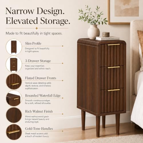 Narrow Nightstand with 3 Drawers, Slim Bedside Table with Fluted Drawer Fronts and Gold Handles, Skinny Side Table for Sofa Side, Bedroom, Small Spaces, Wood Grain Accent Table - Image 5