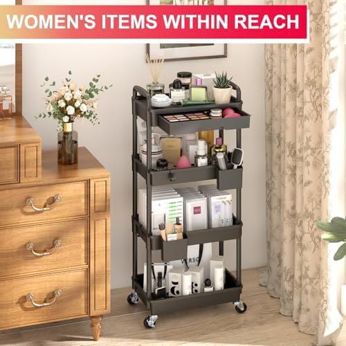 Goovilla 4 Tier Rolling Utility Cart Organizer with Removable Drawer, Black - Image 5