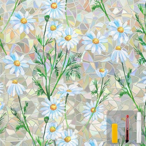 Countewol Privacy Window Films Stain Glass Cling No Glue Anti-UV Window Sticker for Bathroom Bedroom Living Room(Daisy Rainbow 78.7" L*45.27" W) by Countewolwindowfilm