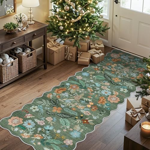 Washable 2x6 Runner Rug for Entryway: Hallway Kitchen Easy-Clean Carpet with Non-Slip Backing Stain-Resistant Low Pile Floor Mat – Perfect for High-Traffic Areas with Pets (2x6 Floral/Green) - Image 2