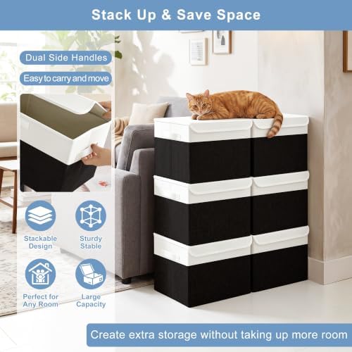 Large 17" 42 Quarts Collapsible Stackable Storage Bins with Lids [3-Pack] Foldable Fabric Linen Storage Boxes Cube, Closet Organizer Baskets with Label for Home (16.7 x 12 x 12", Black & White) - Image 5