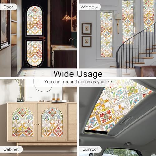 Coavas Stained Glass Window Film Decorative Privacy Cling for Home Bathroom & Front Door, 3D Floral Design, UV Blocking, Heat Control, Non-Adhesive, Reusable, Yellow, 17.5" x 39.4" - Image 5