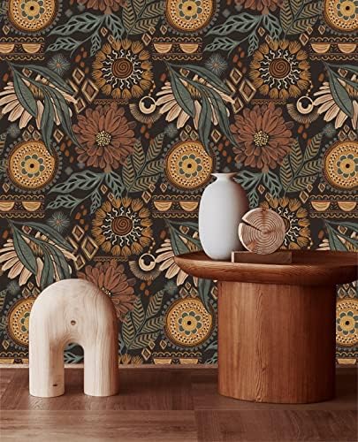 HAOKHOME Peel and Stick Wallpaper Boho Floral Vintage Botanical Bathroom | Renter Friendly Removable Textured Wall Paper Brown Cottagecore Green Orange Retro Moody Bedroom Accent Wall 17.3in x 9.8ft - Image 2