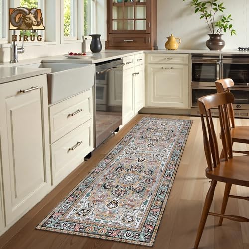 Washable Area Rug 2'6'' x 8' Vintage Traditional Persian Mat - Foldable Distressed Non-Slip Machine Washable Carpet for Living Room Bedroom Kitchen Home Decor - Slate and Multicolor - Image 4