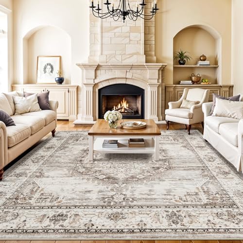 8x8 Area Rug Washable Living Room Rugs: 8ft Square Ultra Thin Soft Oriental Area Rugs Non-Slip Backing Farmhouse Rug Low Pile Thin Stain Resistant Indoor Carpets, 8' x 8' Beige - Image 3