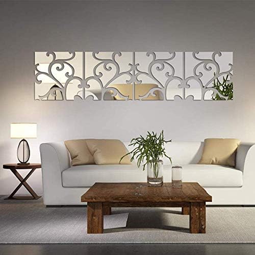 3D Mirror Wall Stickers, 4 Pcs Acrylic Square Geometric Pattern DIY Art Decals, Self Adhesive Mirror Plastic Wall Sheet Tiles Home Decoration for Living Room Bedroom Stair Wall Decor (Floral- 4pcs) by Unknown