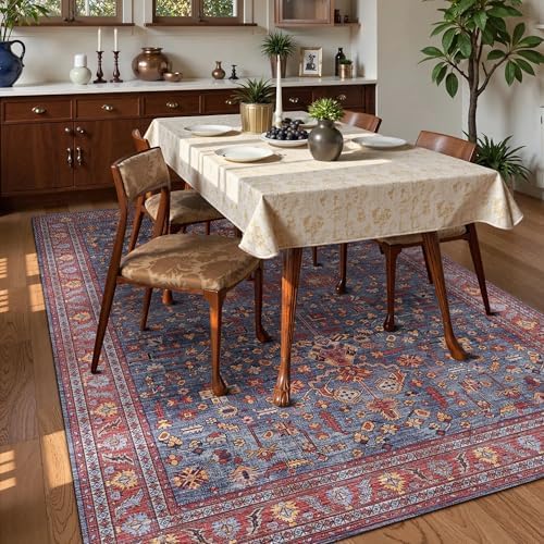 Washable Area Rug 9' x 12' Vintage Traditional Persian Mat - Foldable Distressed Non-Slip Machine Washable Carpet for Living Room Bedroom Kitchen Home Decor - Indigo and Crimson - Image 3