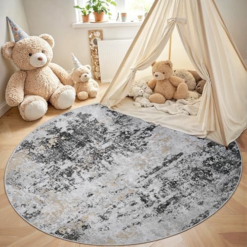 Round Rug 5ft Washable Rug for Dining Room Living Room Black Grey Gold - Image 4