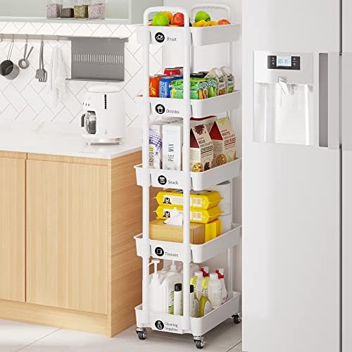 Laiensia 5-Tier Rolling Cart with Wheels,Multifunction Utility Storage Carts, Kitchen Storage Organizer,Mobile Shelving Unit for Bathroom,Laundry,with Classified Stickers,White - Image 4