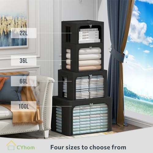 CYhom Extra Large Clothes Storage Bins Box - Linen Fabric Foldable Stackable Container Organizer Set with Clear Window & Carry Handles & Metal Frame (Black, Extra Large-100L) - Image 3