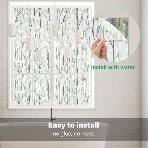 Donox Frosted Glass Window Film Heat Control UV Blocking, Static Cling Reusable Home Bathroom Door Window Privacy Film, Green Leaf Pattern Window Covering with Installation Tool, 23.6 in x 6.5 feet - Image 6