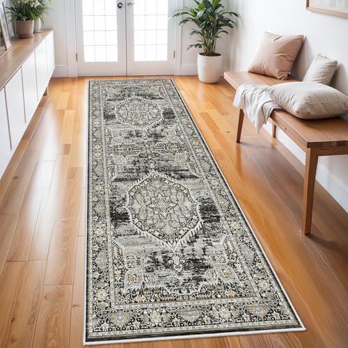 Washable Hallway Runner Rugs 3x8: Soft Ultra Thin Low Pile Carpet Machine Washable Indoor Lightweight Rug Runner Anti Slip Backing Rugs for Living Room Bedroom Kitchen 3'x8' Black by YOUFORTONG