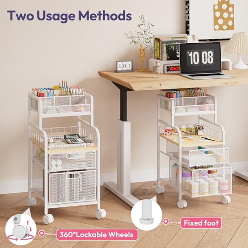 SWTYMIKI Rolling Cart with Drawers - Metal Craft Cart with Wheels, DIY Divider and Wood Shelf, Art Supply Organizer for Under Desk Storage, Utility Storage Cart for Home Office Studio, White - Image 4