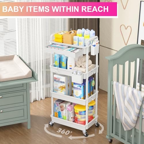 Goovilla 4 Tier Rolling Utility Cart Organizer with Removable Drawer, White - Image 6