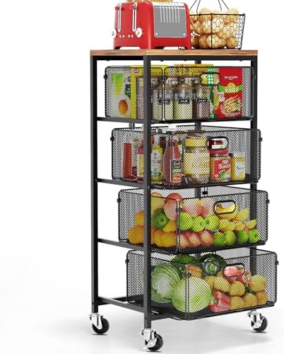 Goovilla Kitchen Cart with Drawers, Lockable Wheels with Wooden Top, Black by Goovilla