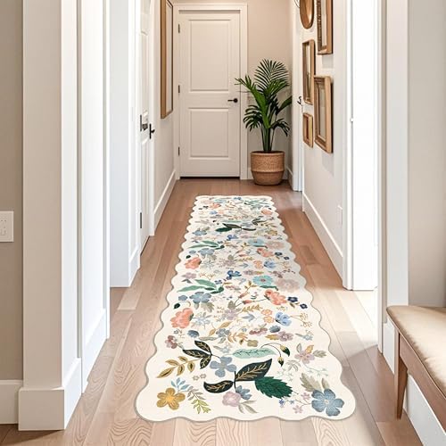 3x10 Washable Hallway Runner Rug: Long Floral Scalloped Soft Runners for Kitchen Entryway Non Slip Bathroom Nursery Floor Mat 10ft Water Resistant Low Pile Carpet for Living Room Bedroom(3x10,Cream) by HYHAOYUNLAI