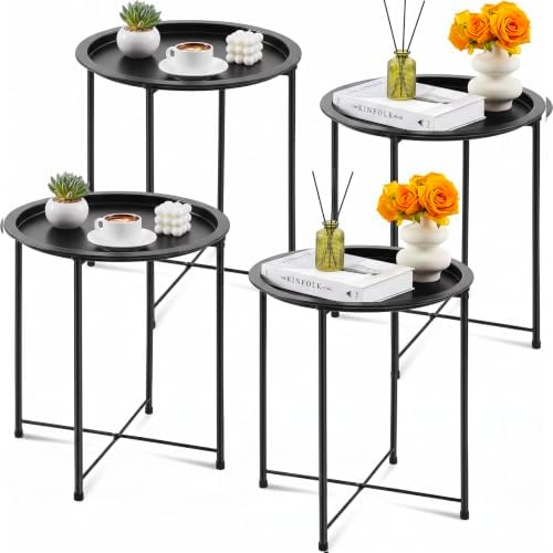 4 Pcs Metal Folding Side Table, Round End Table for Outdoor Patio Balcony by Kigley