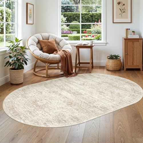 Soalmost Small Oval 3x5 Rug for Entryway Kitchen, Washable Area Rugs, Beige by Soalmost