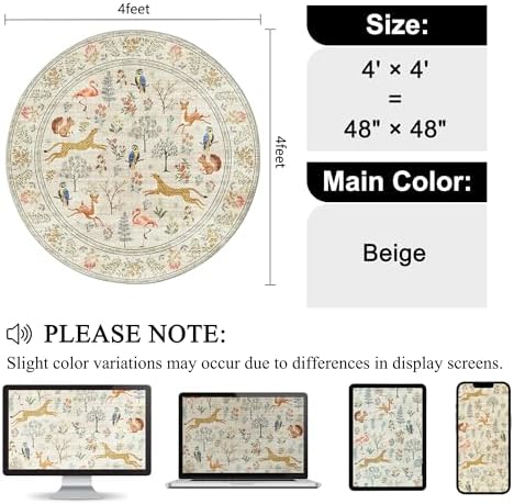 DUKINO 4ft Round Rug, Washable Animal Small Round Area Rug Non Slip, Beige - Image 2