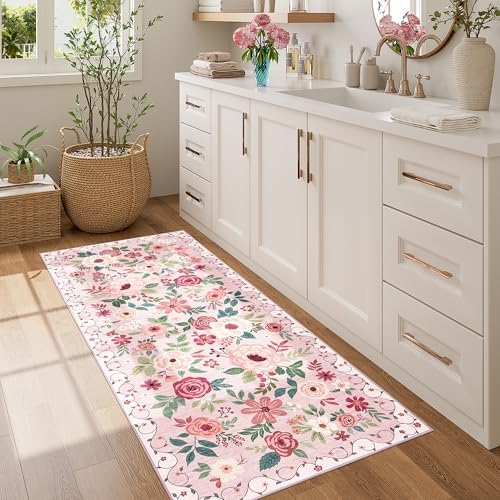 DUKINO 2x5 Runner Rug, Floral Washable Rug for Kitchen Non Slip, Pink - Image 3